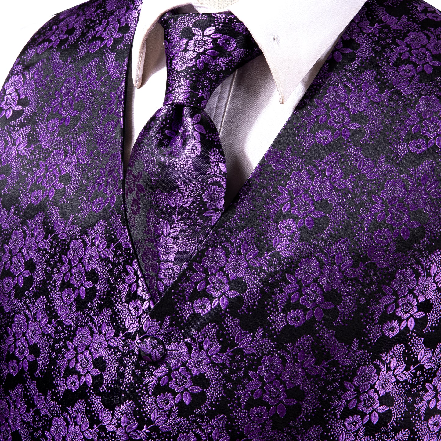 Designer Floral Waistcoat Silky Novelty Purple Garden