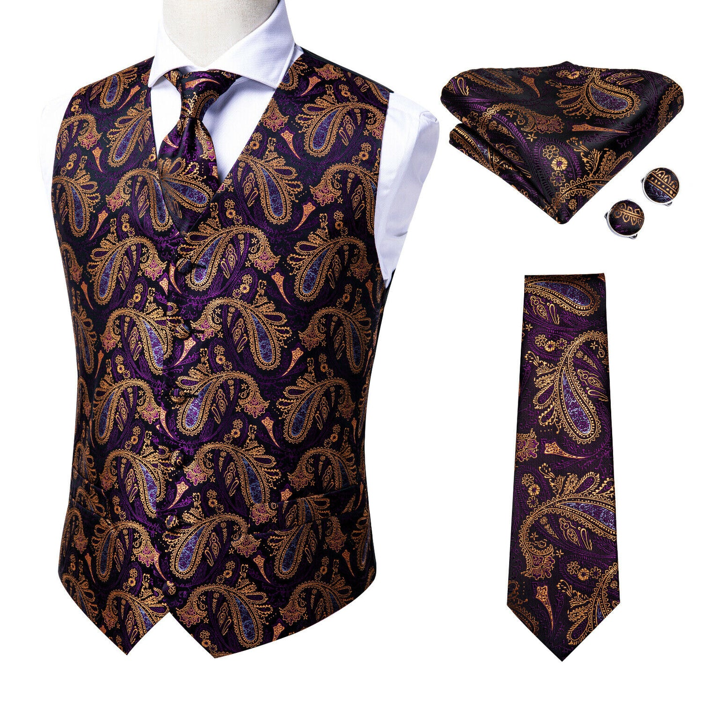 Designer Floral Waistcoat Silky Novelty Royal Purples