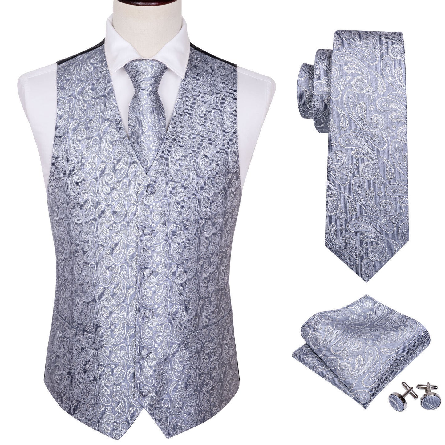 Designer Floral Waistcoat Silky Novelty Vest Paisley Steel