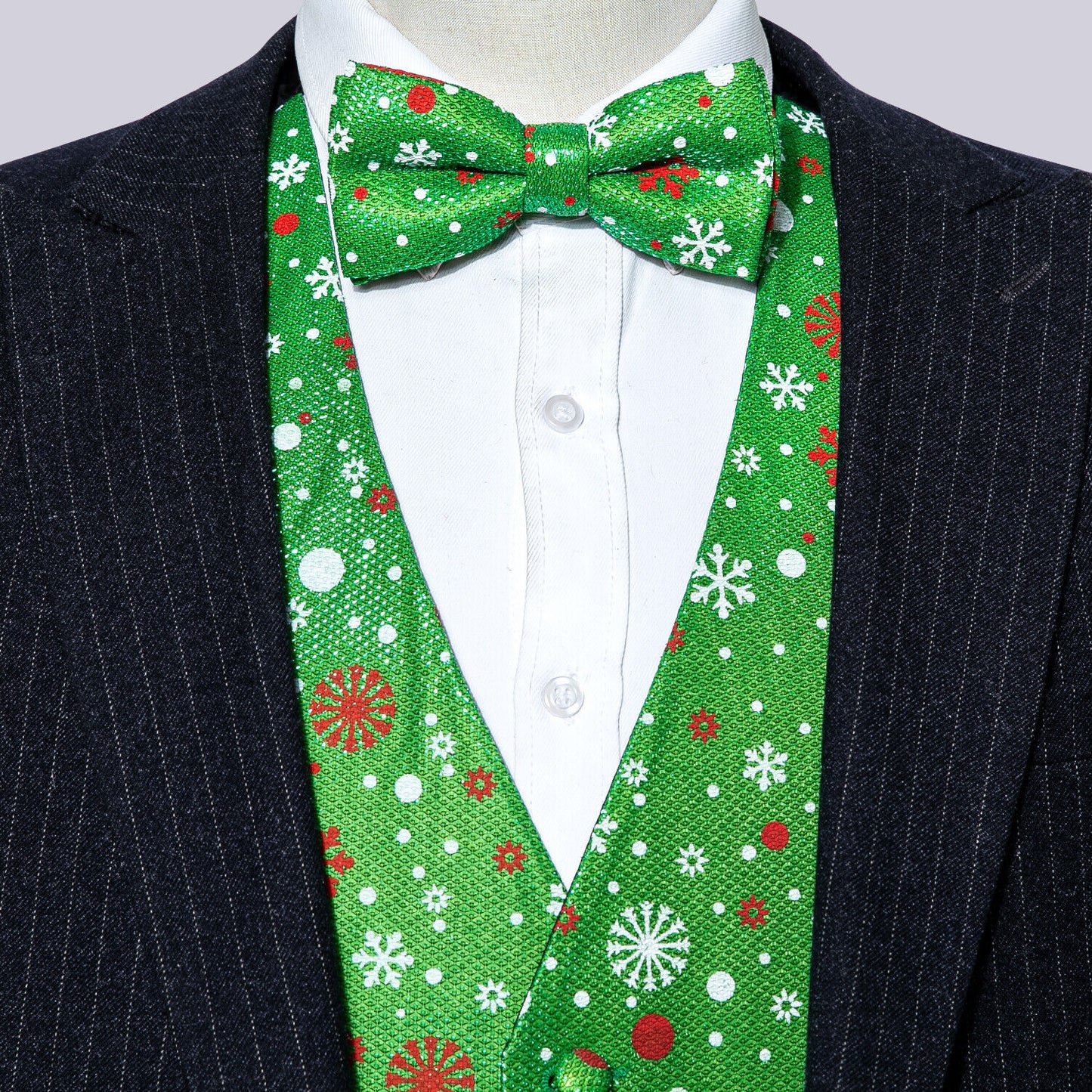 Men's Christmas Waistcoat Vintage Vest Silky Set Tuxedo Gilet Snowflakes Green