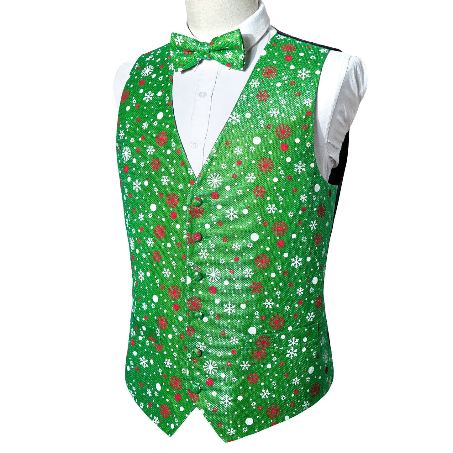 Men's Christmas Waistcoat Vintage Vest Silky Set Tuxedo Gilet Snowflakes Green