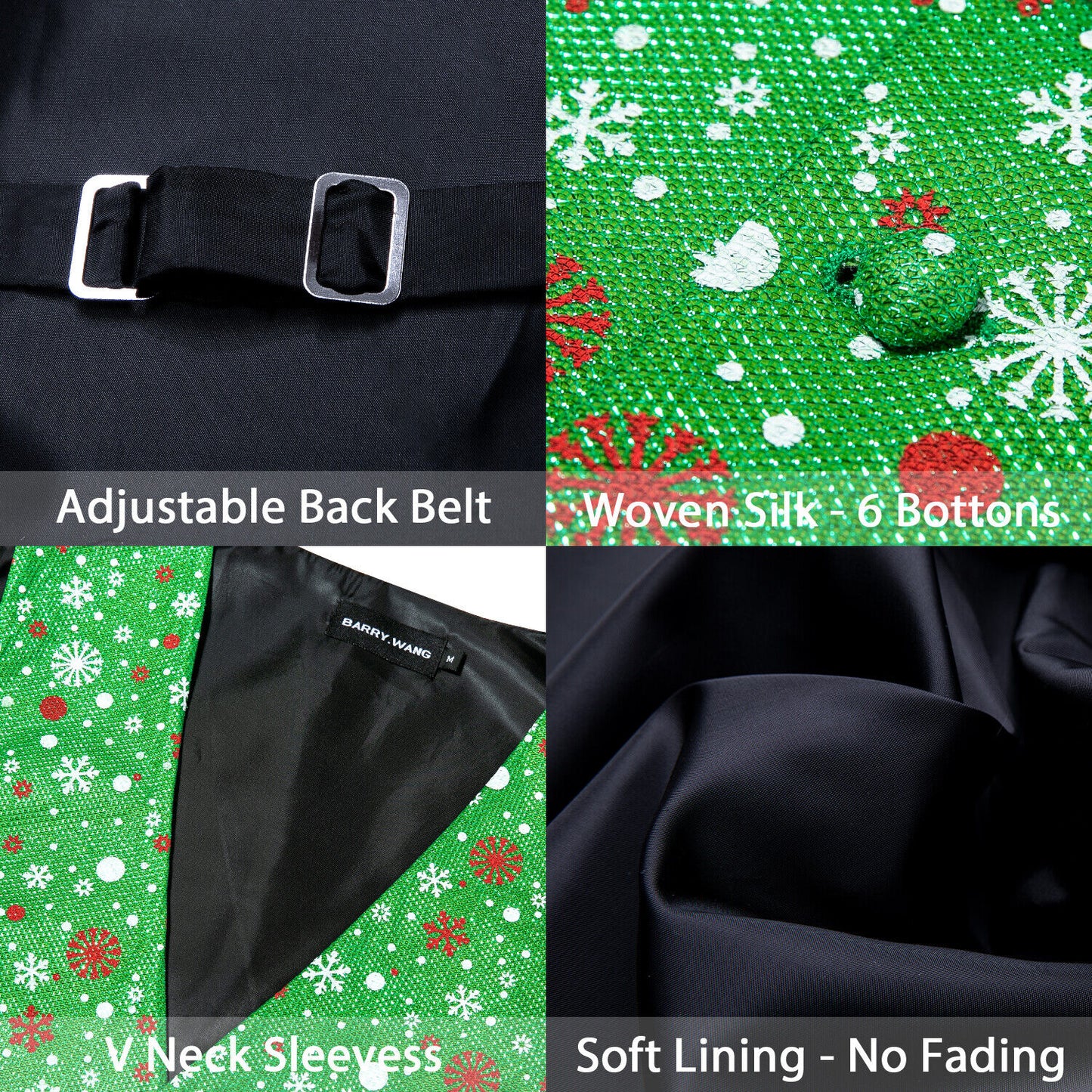 Men's Christmas Waistcoat Vintage Vest Silky Set Tuxedo Gilet Snowflakes Green