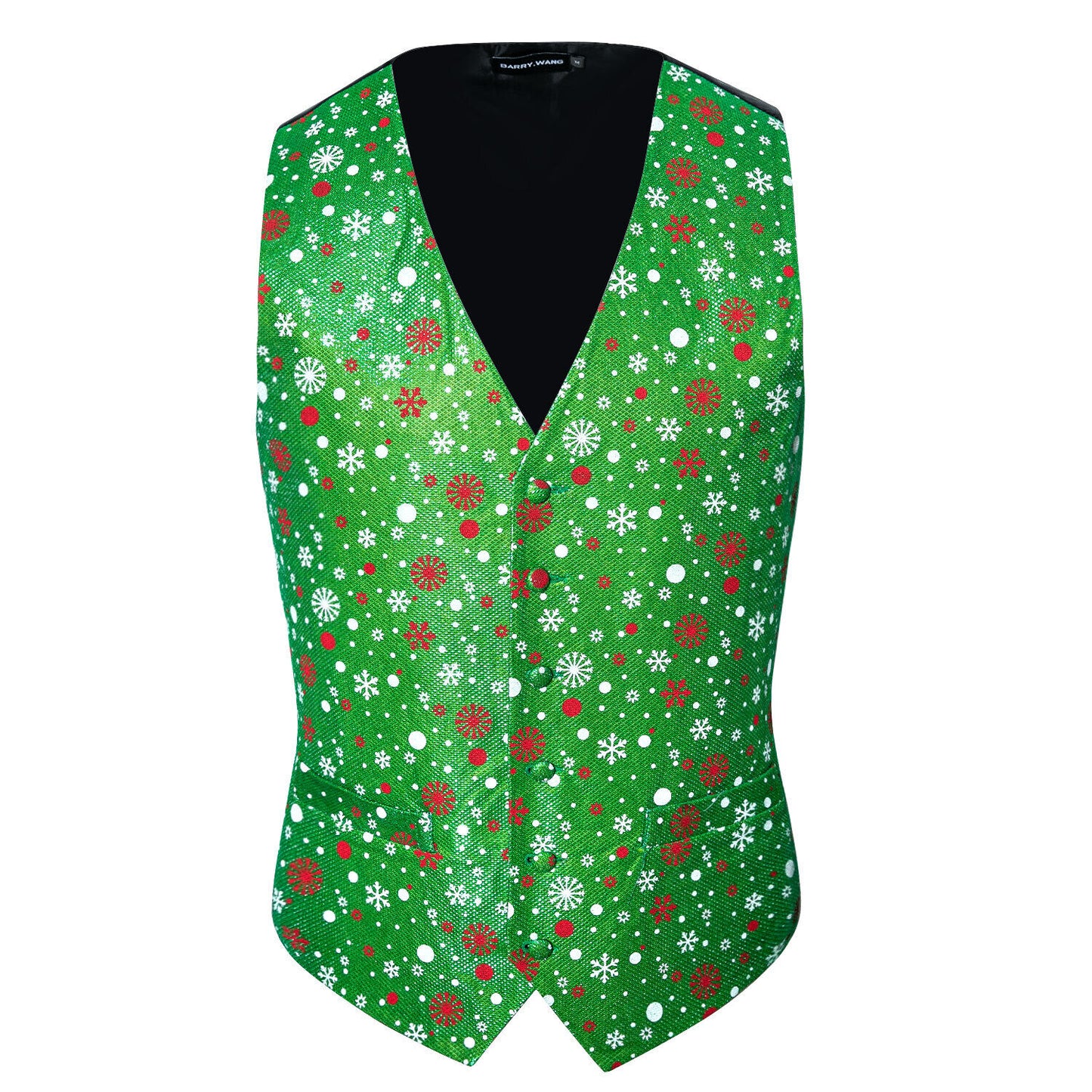 Men's Christmas Waistcoat Vintage Vest Silky Set Tuxedo Gilet Snowflakes Green