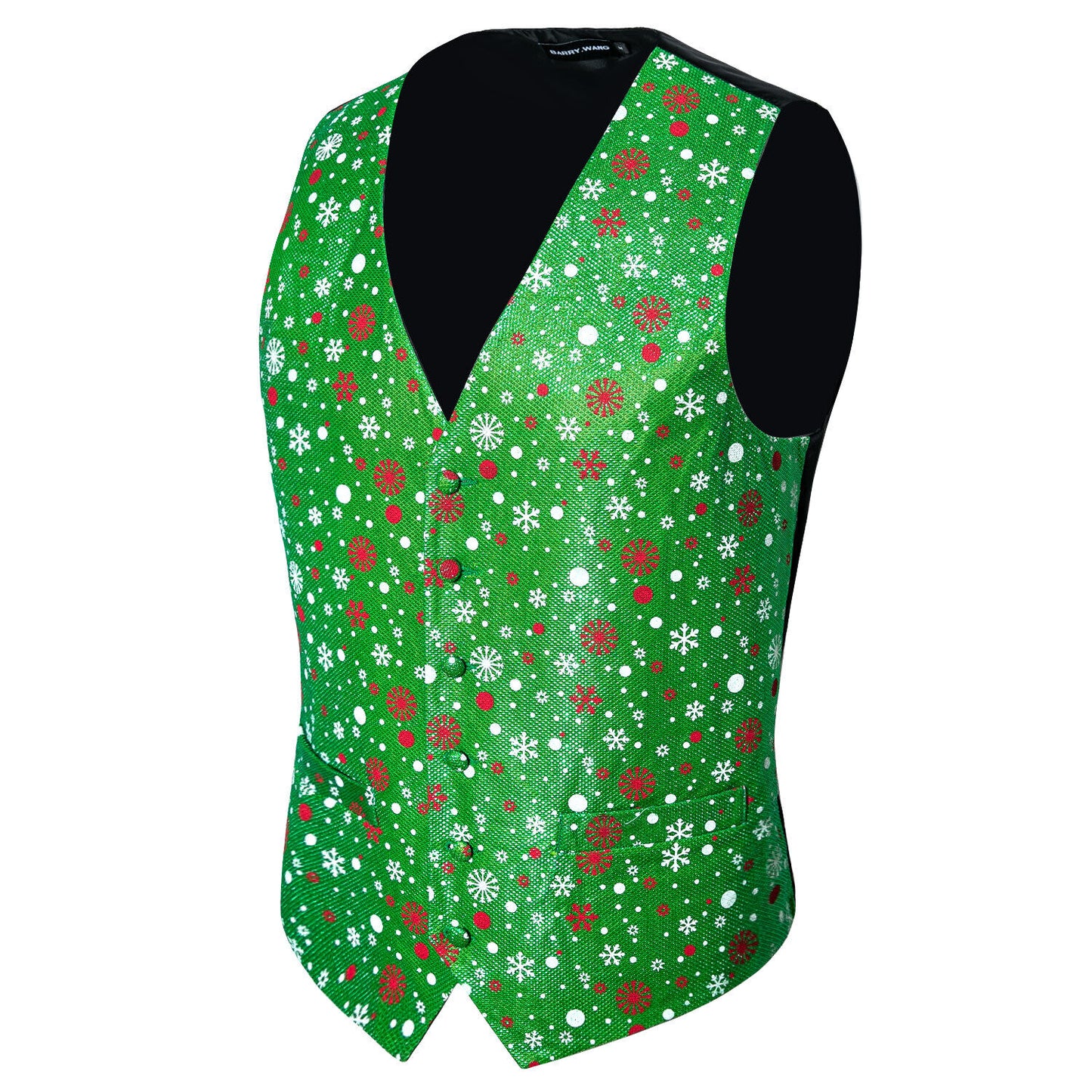 Men's Christmas Waistcoat Vintage Vest Silky Set Tuxedo Gilet Snowflakes Green