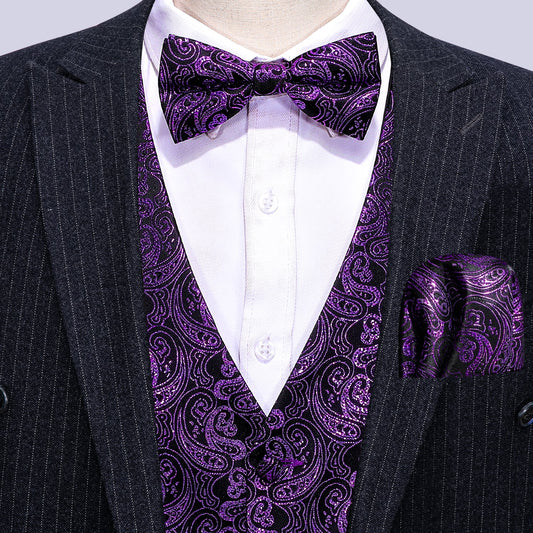 Designer Silky Waistcoat Buy 1 Get 1 Free Random Design in Your Size Shiny Novelty Vest Bowtie Mini Paisley Grape