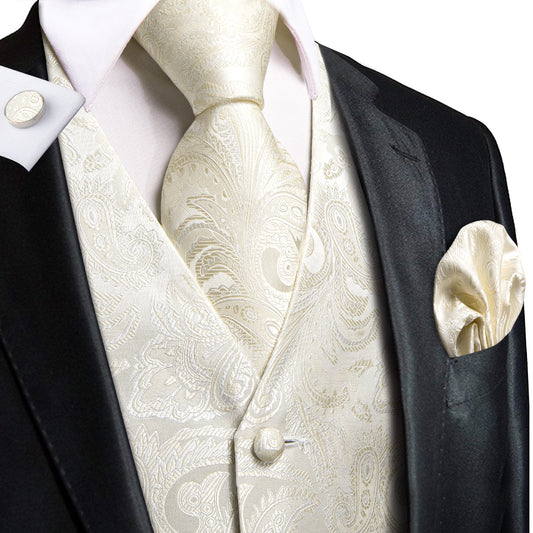 Men's Designer Waistcoat Buy 1 Get 1 Free Random Design in Your Size Vintage Vest Silky Set Tuxedo Gilet Ivory Fern
