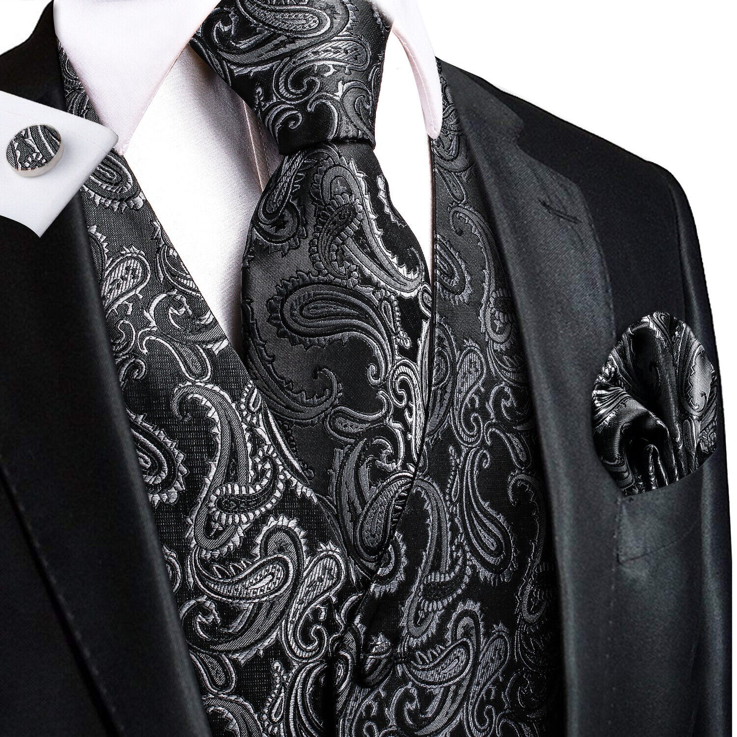 Designer Floral Waistcoat Silky Novelty Vest Black Seeds