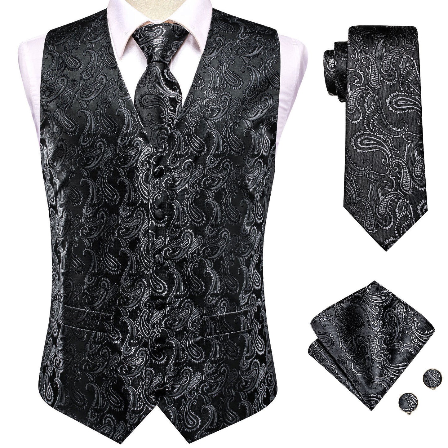 Designer Floral Waistcoat Silky Novelty Vest Black Seeds