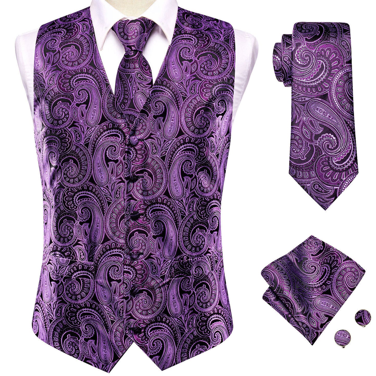 Designer Floral Waistcoat Silky Novelty Vest Violet Inca