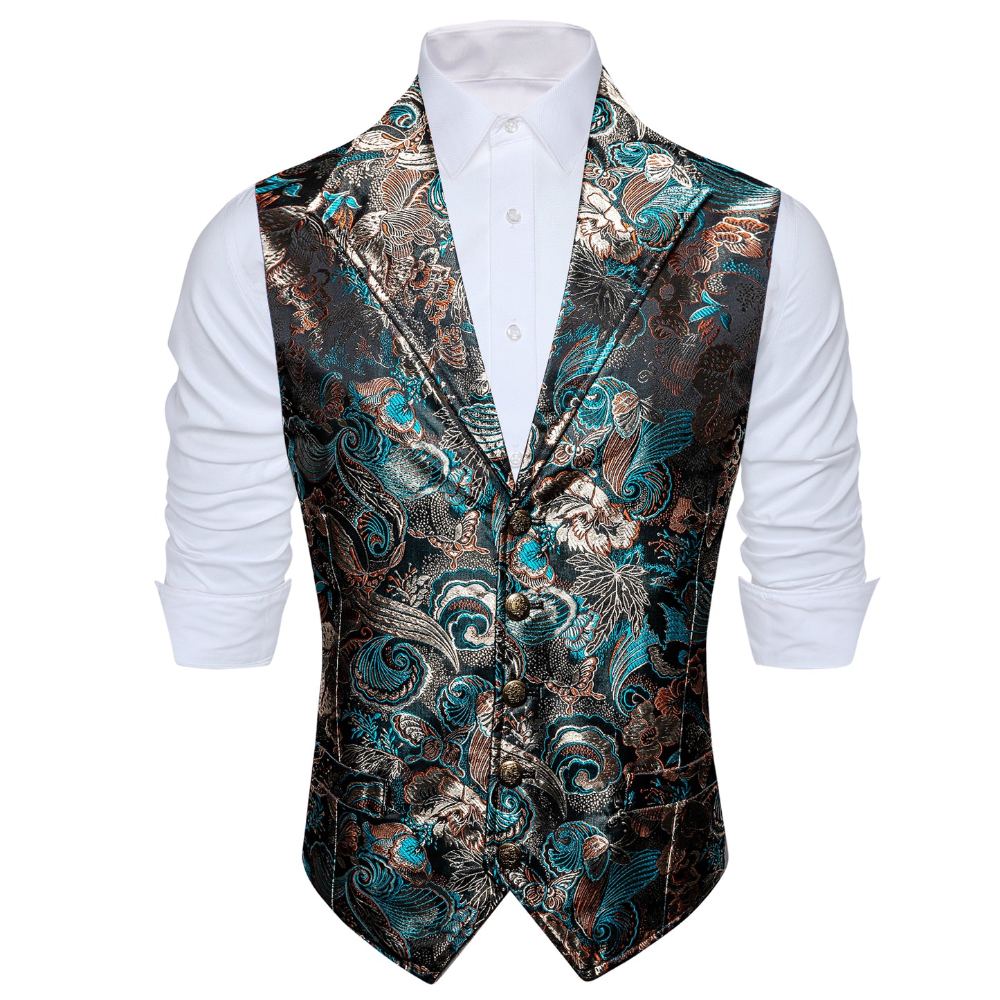 Men's Waistcoat Floral Vintage Silky Gilet Retro Vest Lapel Collar Swirl Lake