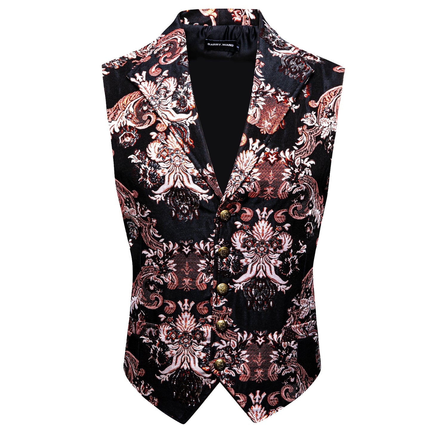 Men's Waistcoat Floral Vintage Silky Gilet Retro Vest Lapel Collar Brick Red