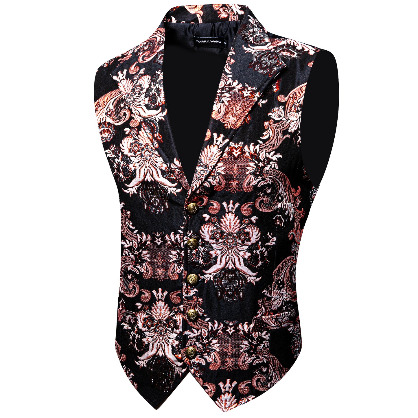 Men's Waistcoat Floral Vintage Silky Gilet Retro Vest Lapel Collar Brick Red