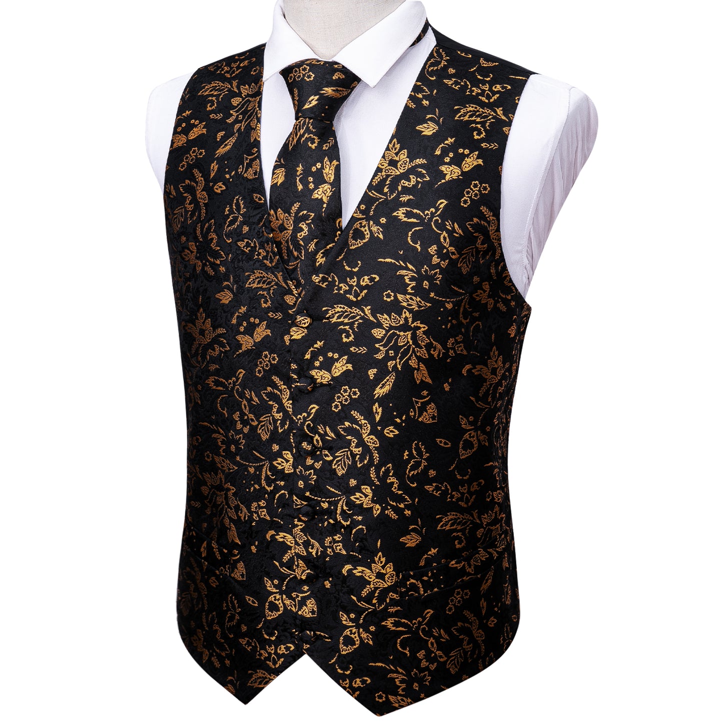 Designer Floral Waistcoat Silky Novelty Vest Golden Setaria