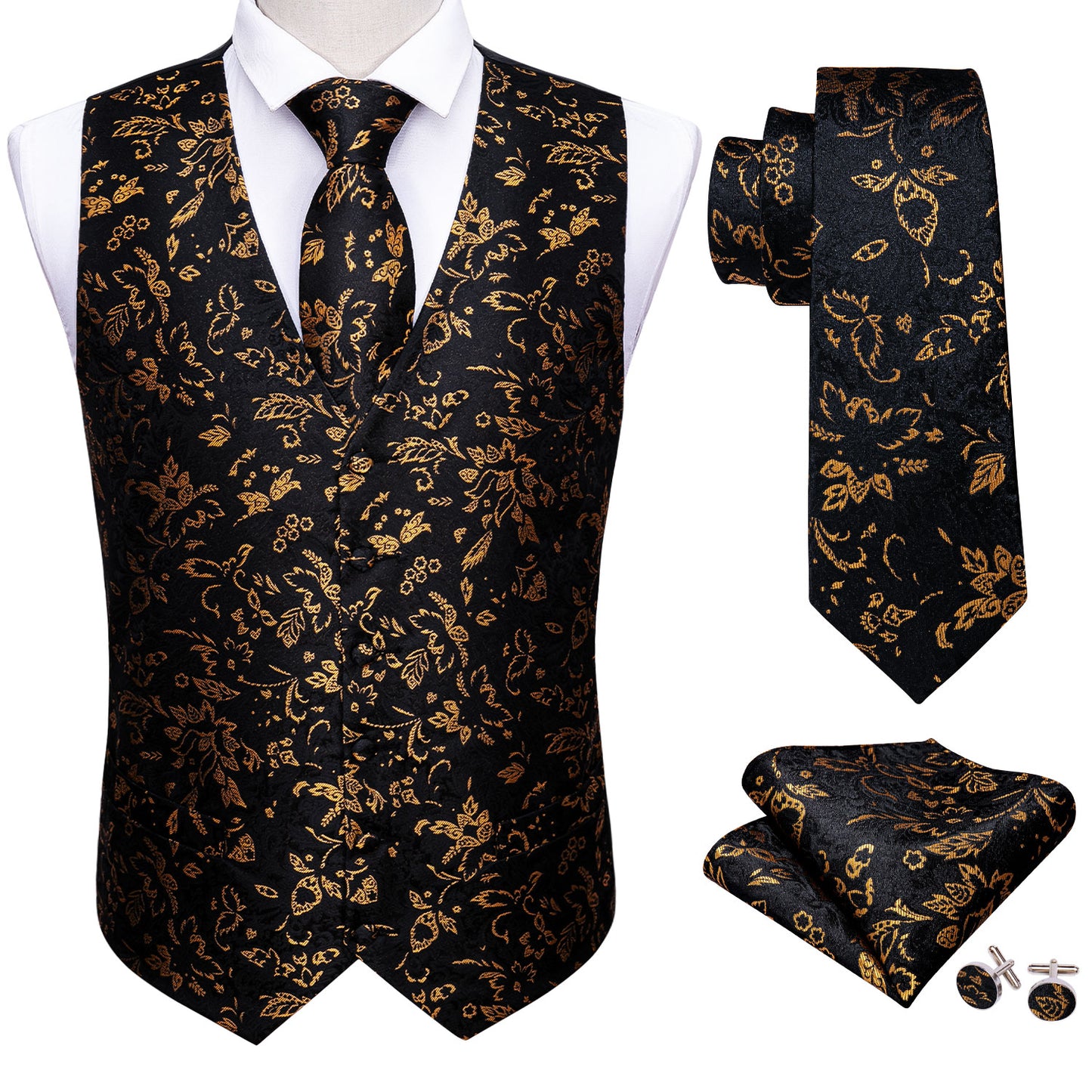 Designer Floral Waistcoat Silky Novelty Vest Golden Setaria