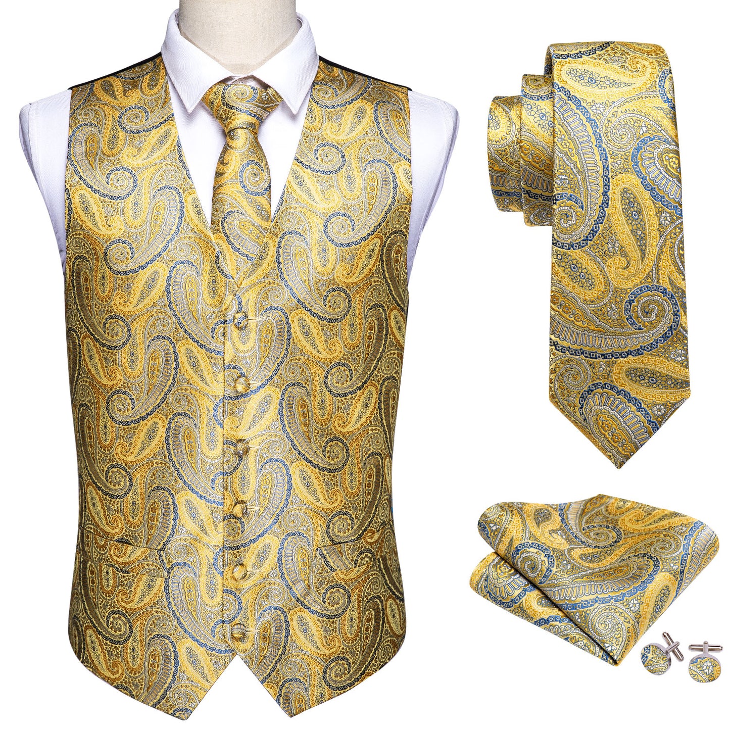 Designer Floral Waistcoat Silky Novelty Vest Blue Cheese