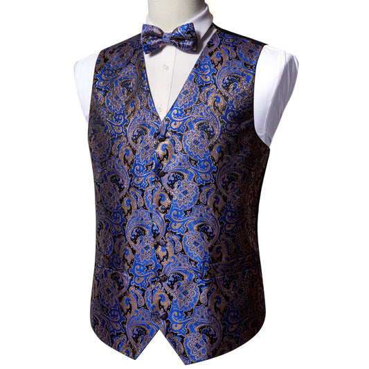 Designer Waistcoat Buy 1 Get 1 Free Random Design in Your Size Novelty Bowtie Vest Shiny French Fan Print Navy Blue