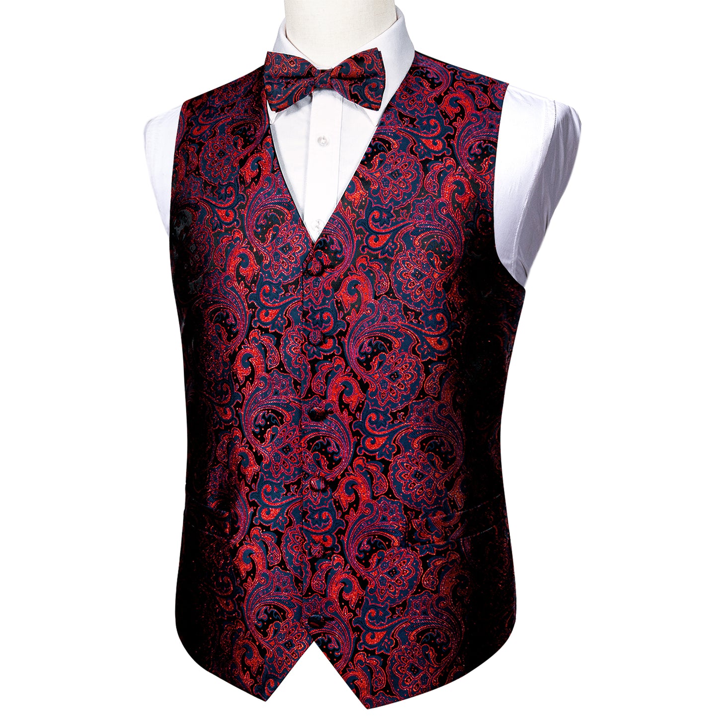 Designer Waistcoat Novelty Bowtie Vest Shiny French Fan Print Garnet Red