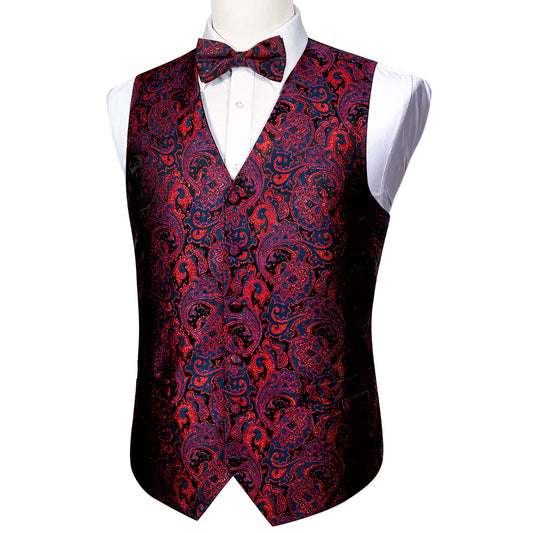 Designer Waistcoat Buy 1 Get 1 Free Random Design in Your Size Novelty Bowtie Vest Shiny French Fan Print Garnet Red
