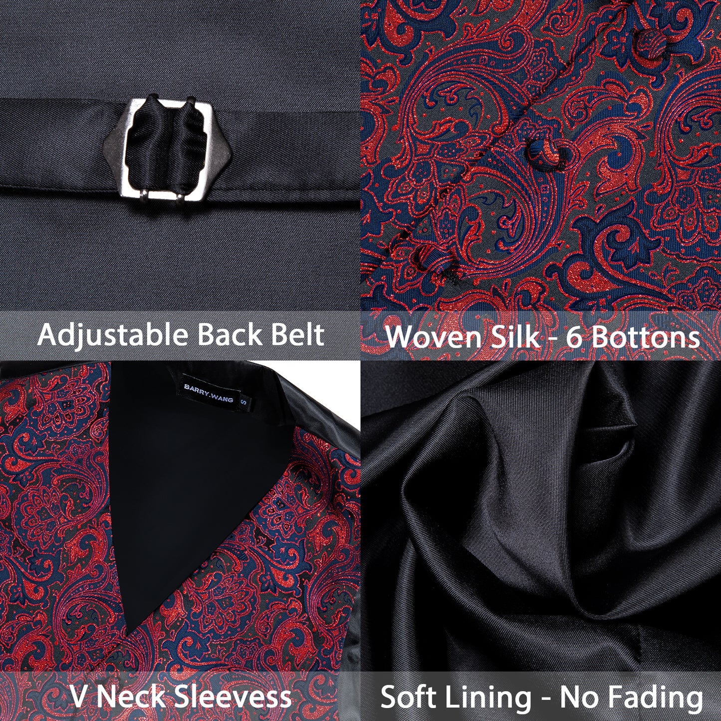 Designer Waistcoat Novelty Bowtie Vest Shiny French Fan Print Garnet Red