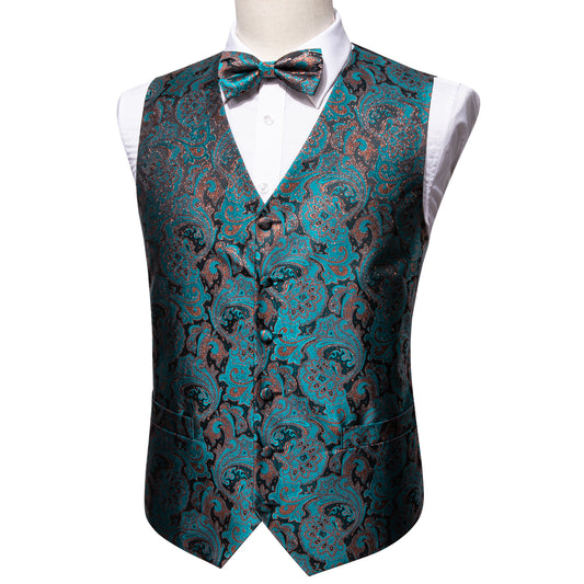 Designer Waistcoat Buy 1 Get 1 Free Random Design in Your Size Novelty Bowtie Vest Shiny French Fan Print Teal Blue
