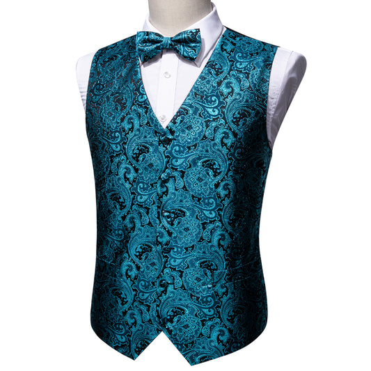Designer Waistcoat Buy 1 Get 1 Free Random Design in Your Size Novelty Bowtie Vest Shiny French Fan Print Aqua Blue