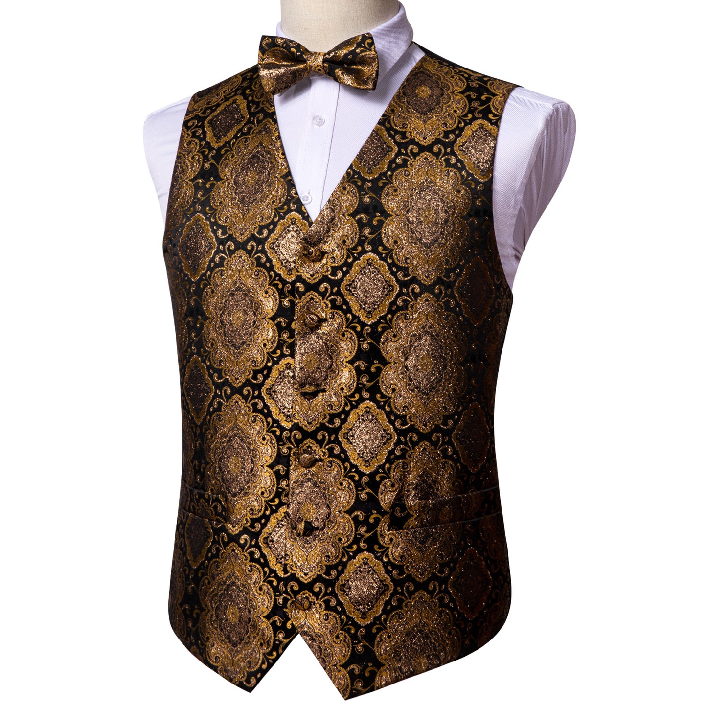 Designer Waistcoat Novelty Bowtie Vest Shiny Diamond Print Bronze