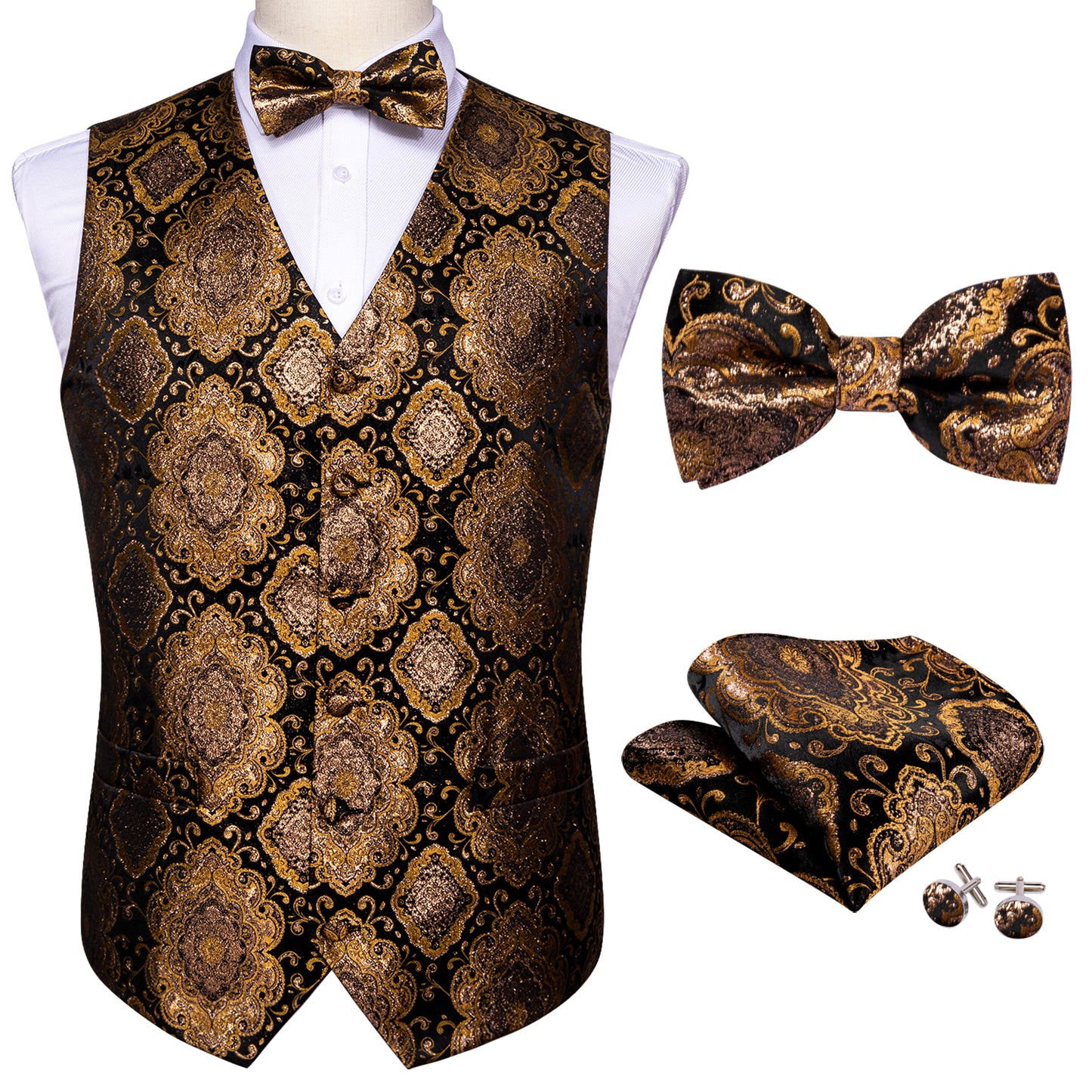 Designer Waistcoat Novelty Bowtie Vest Shiny Diamond Print Bronze