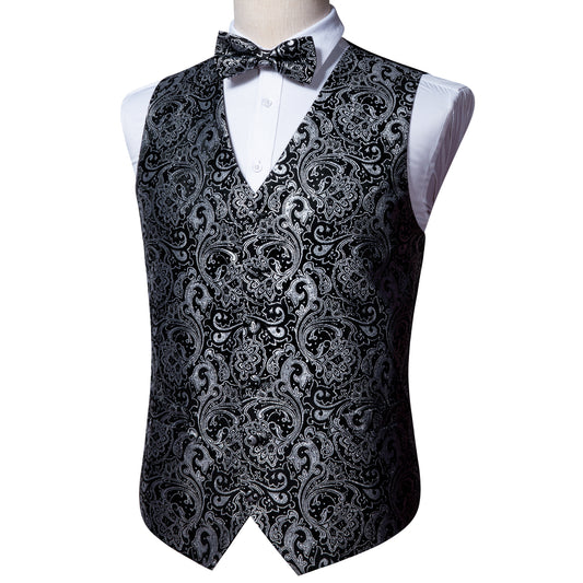 Designer Waistcoat Buy 1 Get 1 Free Random Design in Your Size Novelty Bowtie Vest Shiny French Fan Print Charcoal Grey