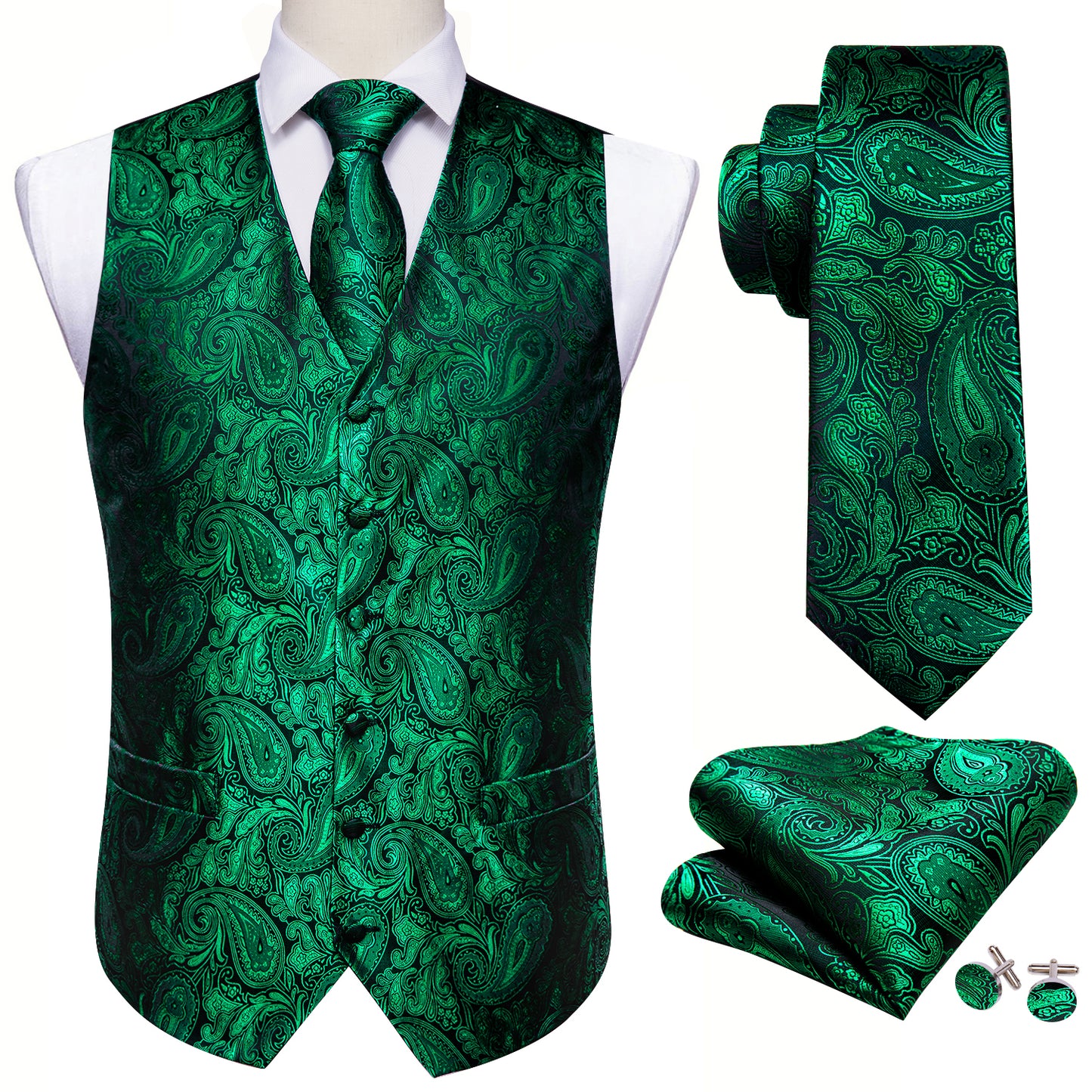 Designer Floral Waistcoat Silky Novelty Vest Forest Green