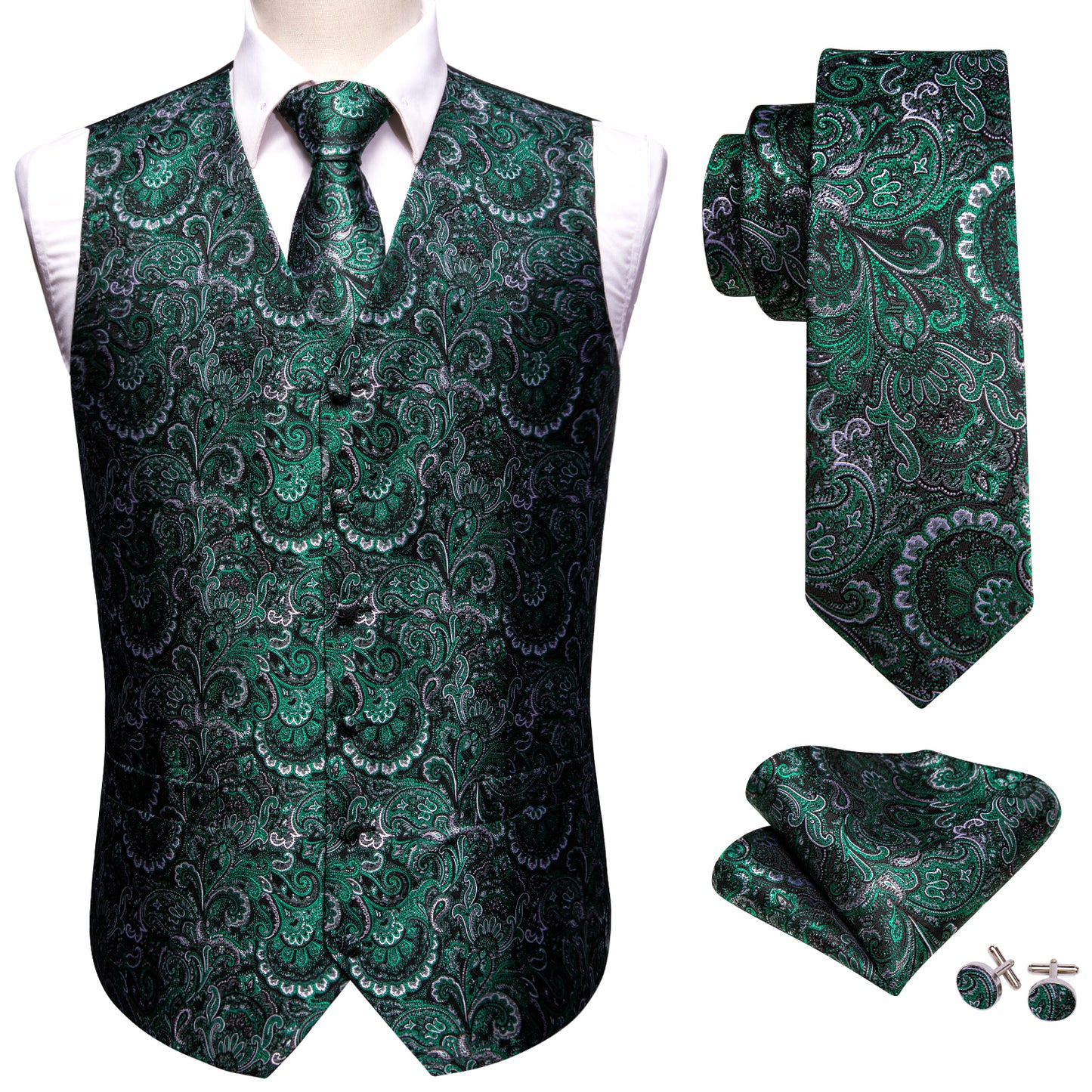 Designer Floral Waistcoat Silky Novelty Vest Pine Green Sunrise