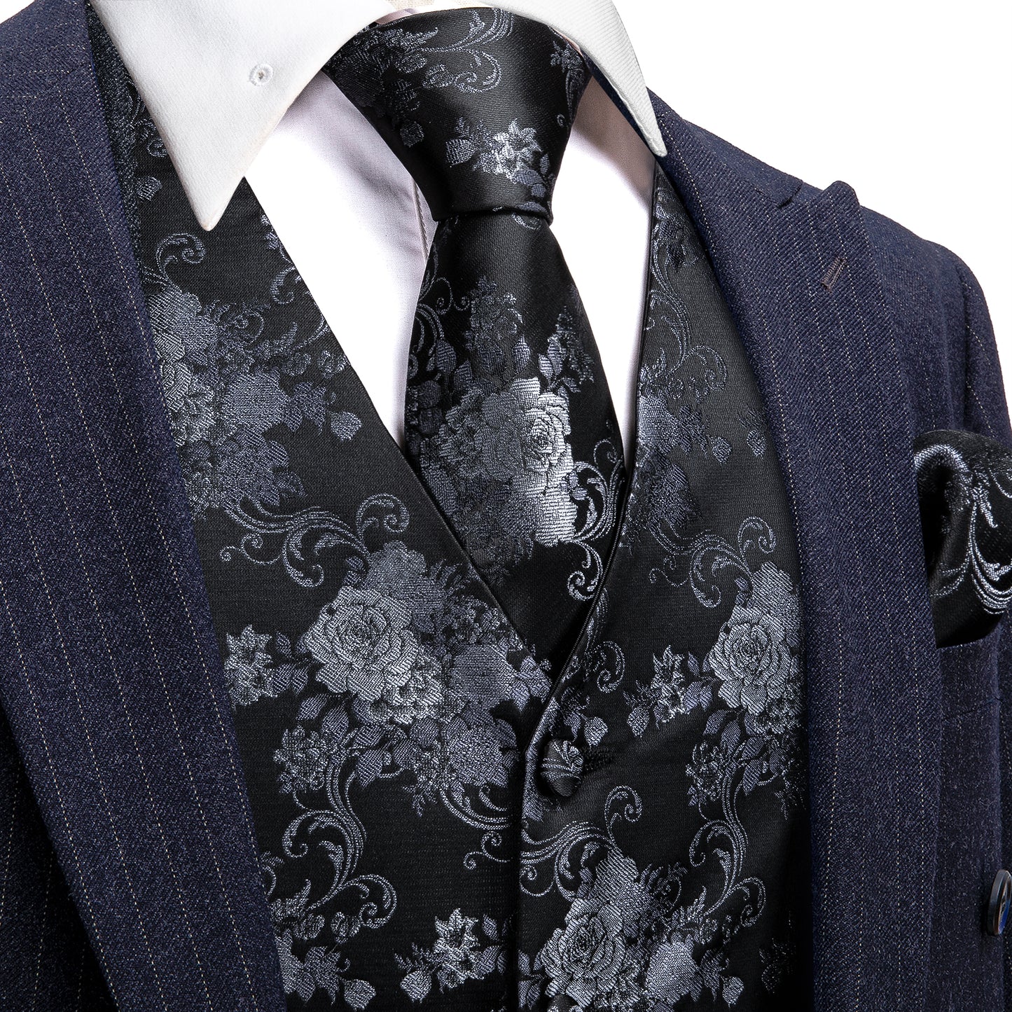 Designer Floral Waistcoat Silky Novelty Vest Charcoal Grey Dahlia
