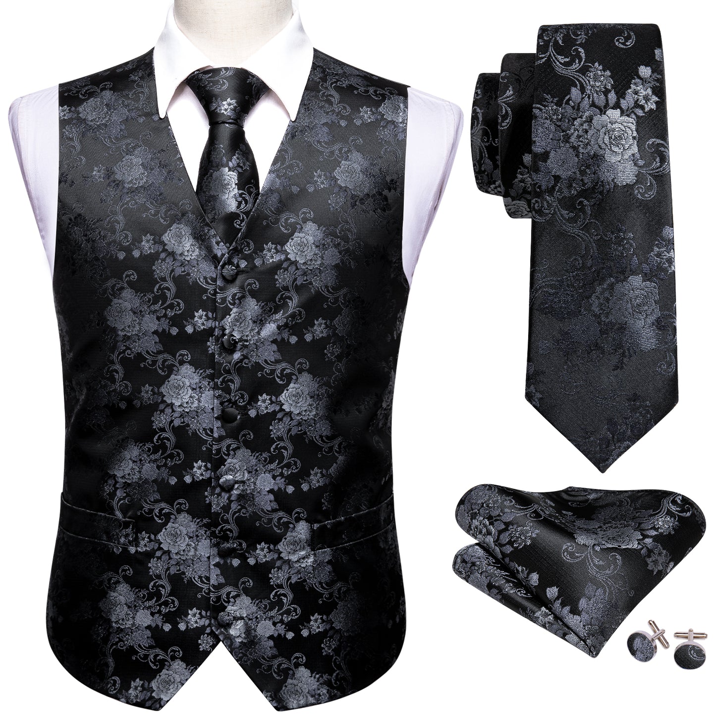 Designer Floral Waistcoat Silky Novelty Vest Charcoal Grey Dahlia