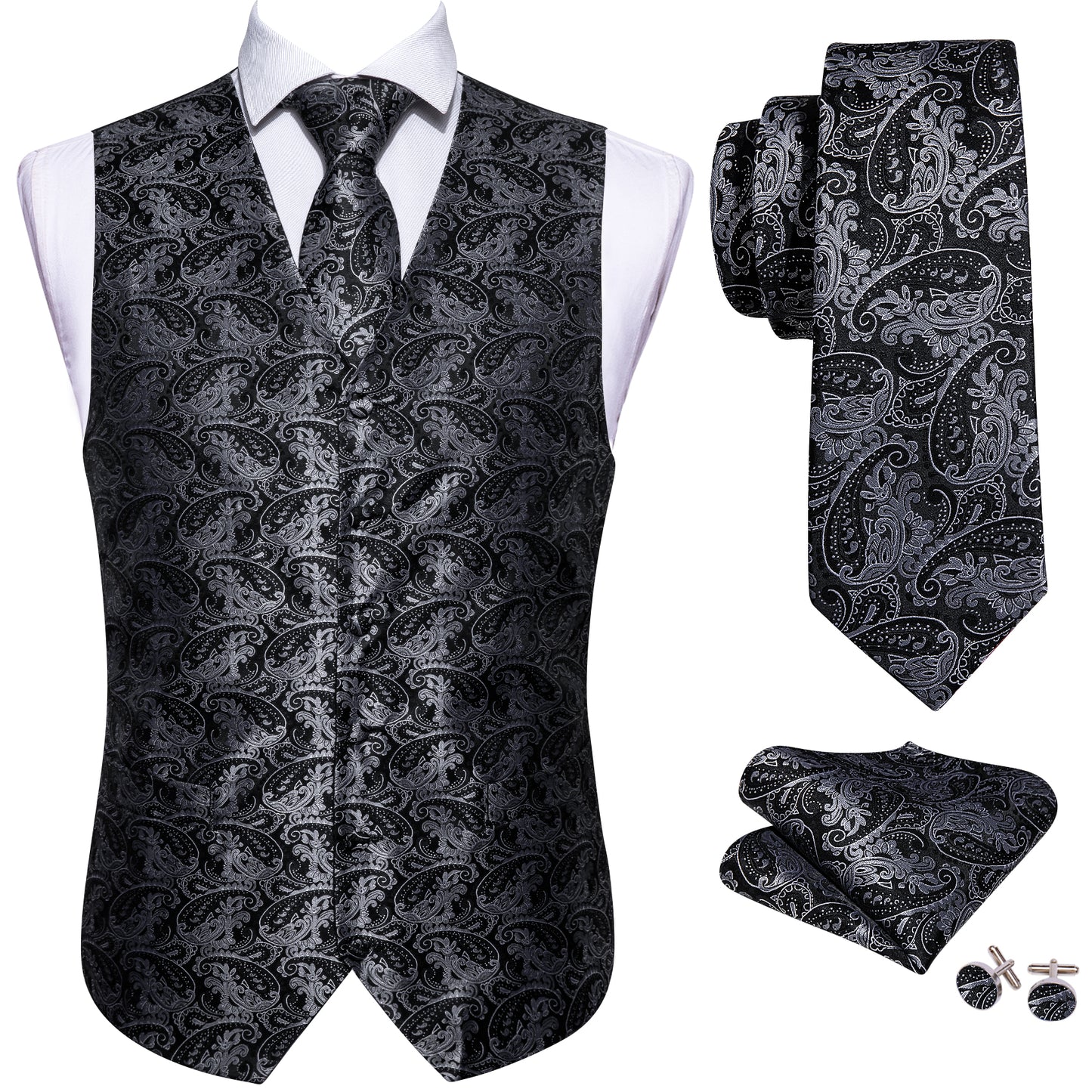 Designer Floral Waistcoat Silky Novelty Vest Charcoal Grey Shells