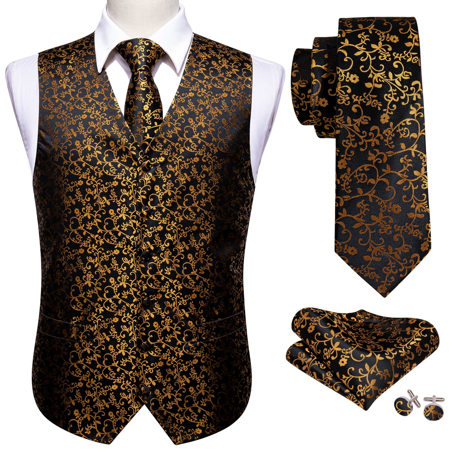 Designer Floral Waistcoat Silky Novelty Vest Golden Weeds