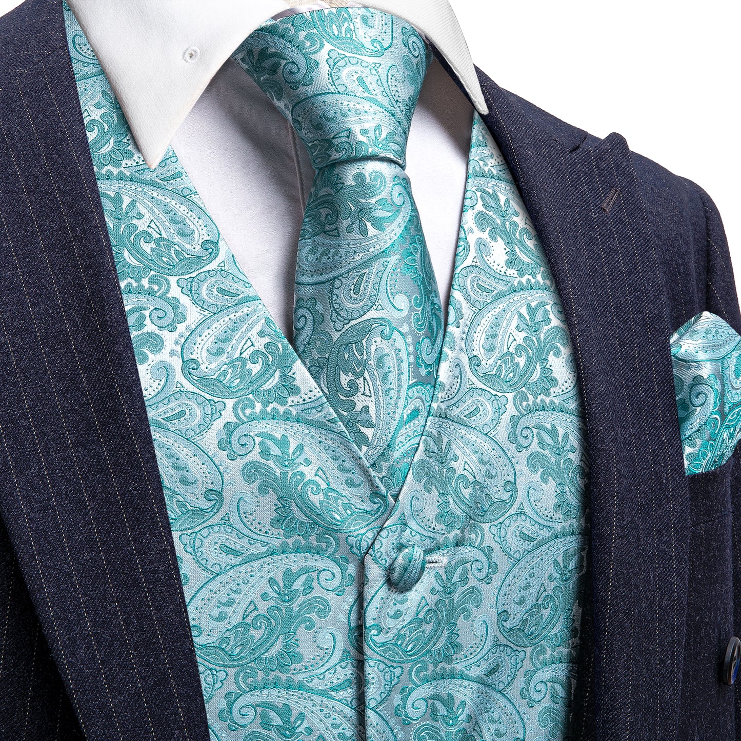 Designer Floral Waistcoat Silky Novelty Vest Icy Cadet Blue