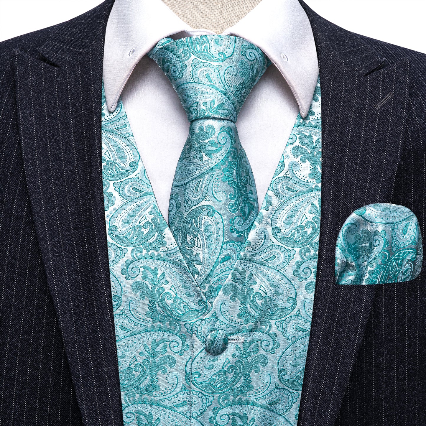 Designer Floral Waistcoat Silky Novelty Vest Icy Cadet Blue