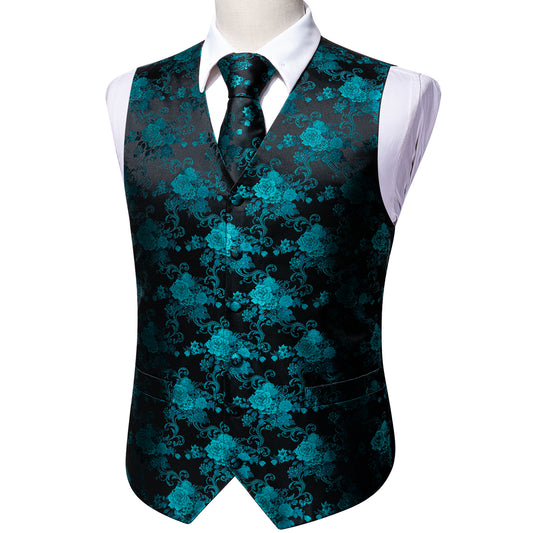 Designer Floral Waistcoat Buy 1 Get 1 Free Random Design in Your Size Silky Novelty Vest Aqua Blue Dahlia