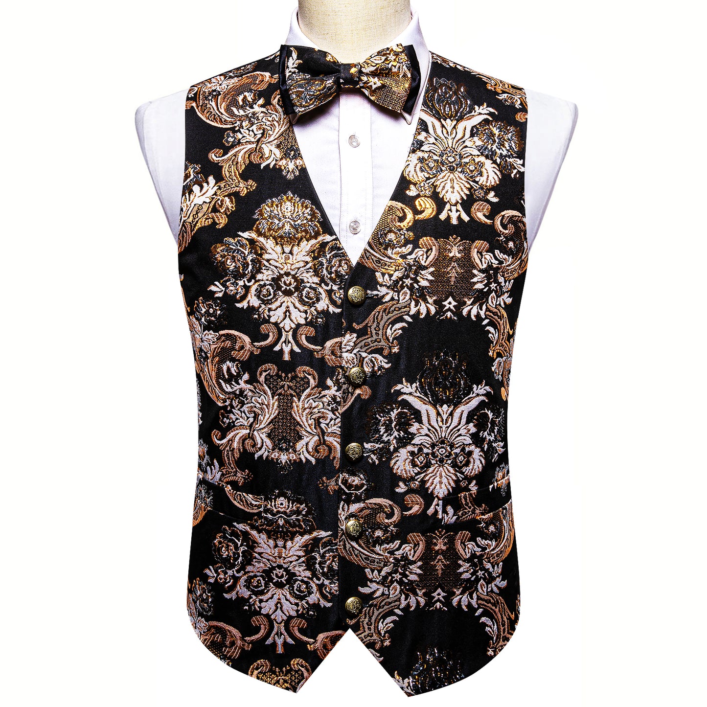 Designer Waistcoat Novelty Bowtie Woven Vest Shiny Palace Feather Gold