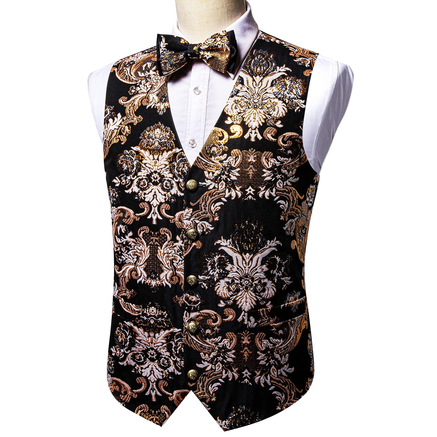 Designer Waistcoat Novelty Bowtie Woven Vest Shiny Palace Feather Gold
