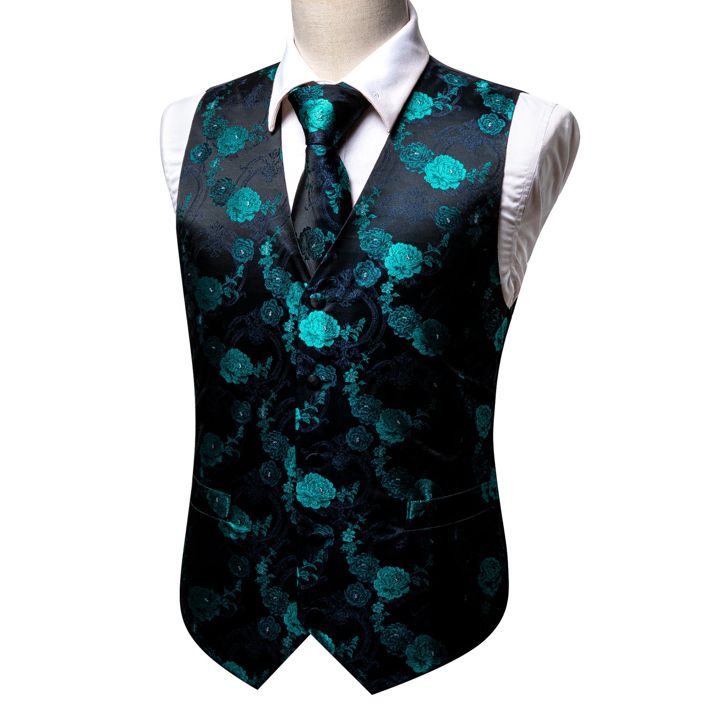 Designer Floral Waistcoat Silky Novelty Vest Paisley Aqua Peony
