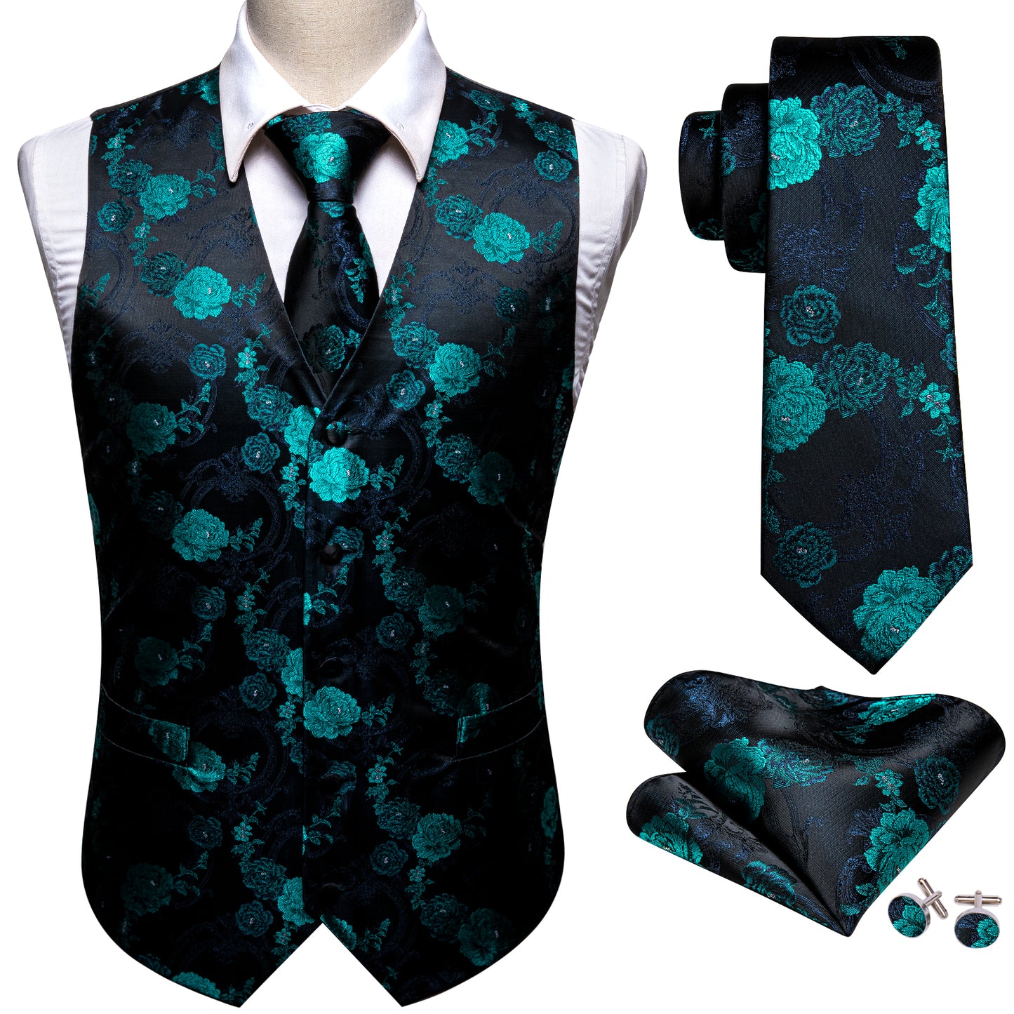 Designer Floral Waistcoat Silky Novelty Vest Paisley Aqua Peony