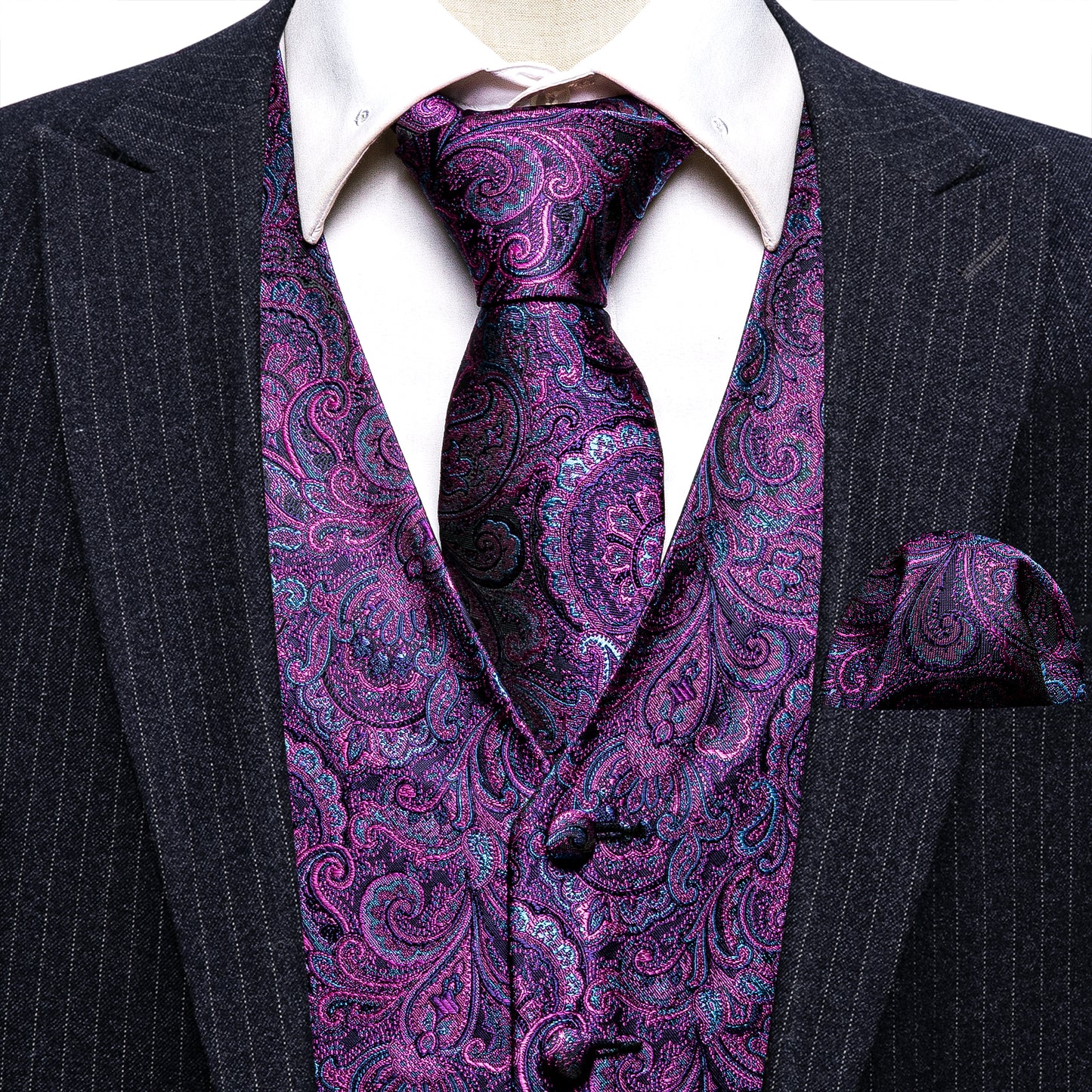 Designer Floral Waistcoat Silky Novelty Vest Paisley Royal Purple