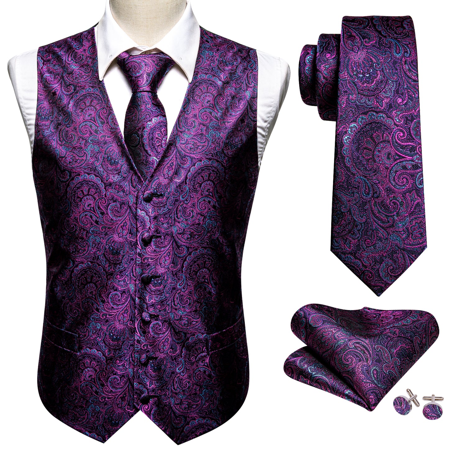 Designer Floral Waistcoat Silky Novelty Vest Paisley Royal Purple