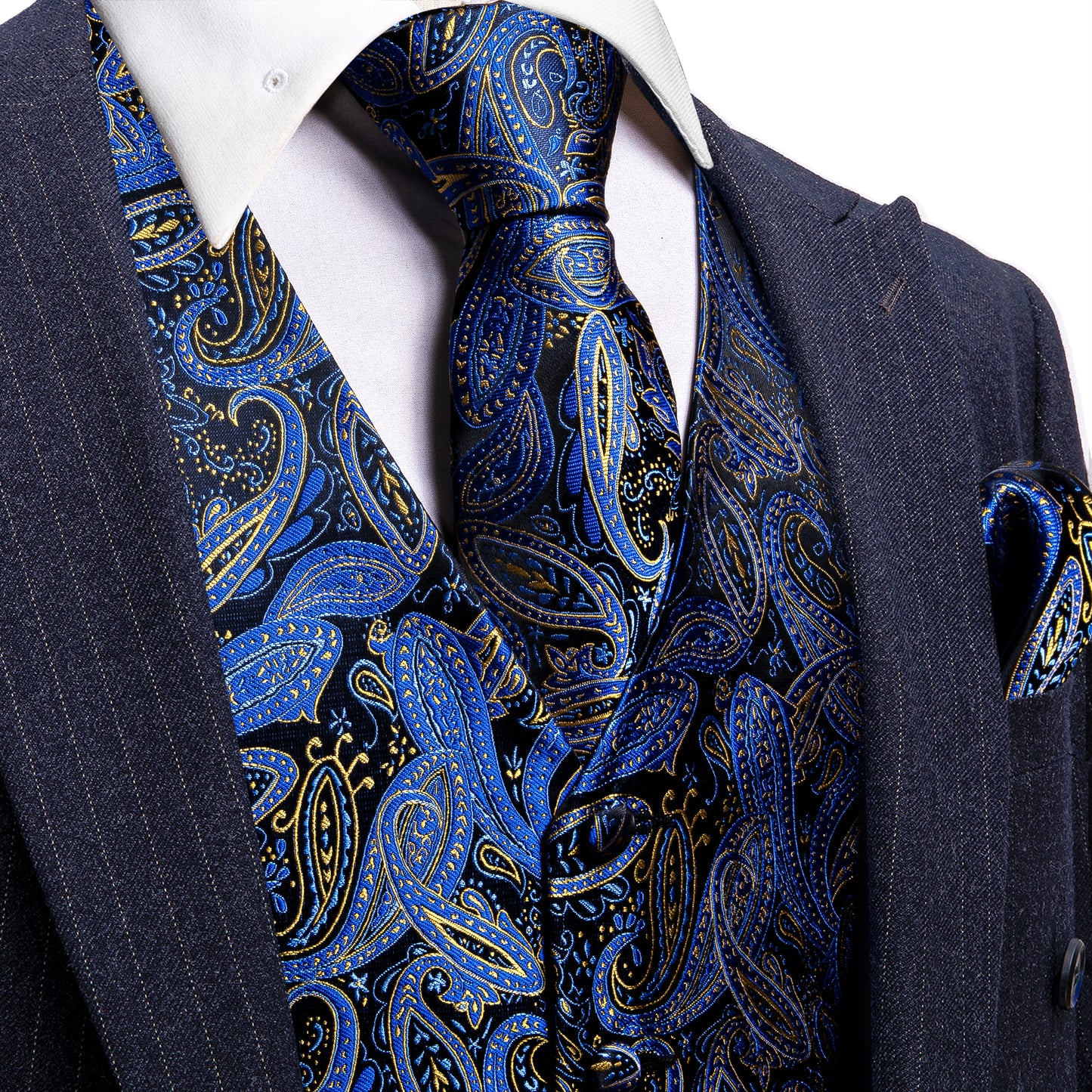 Designer Floral Waistcoat Silky Novelty Vest Paisley Royal Blue Whales