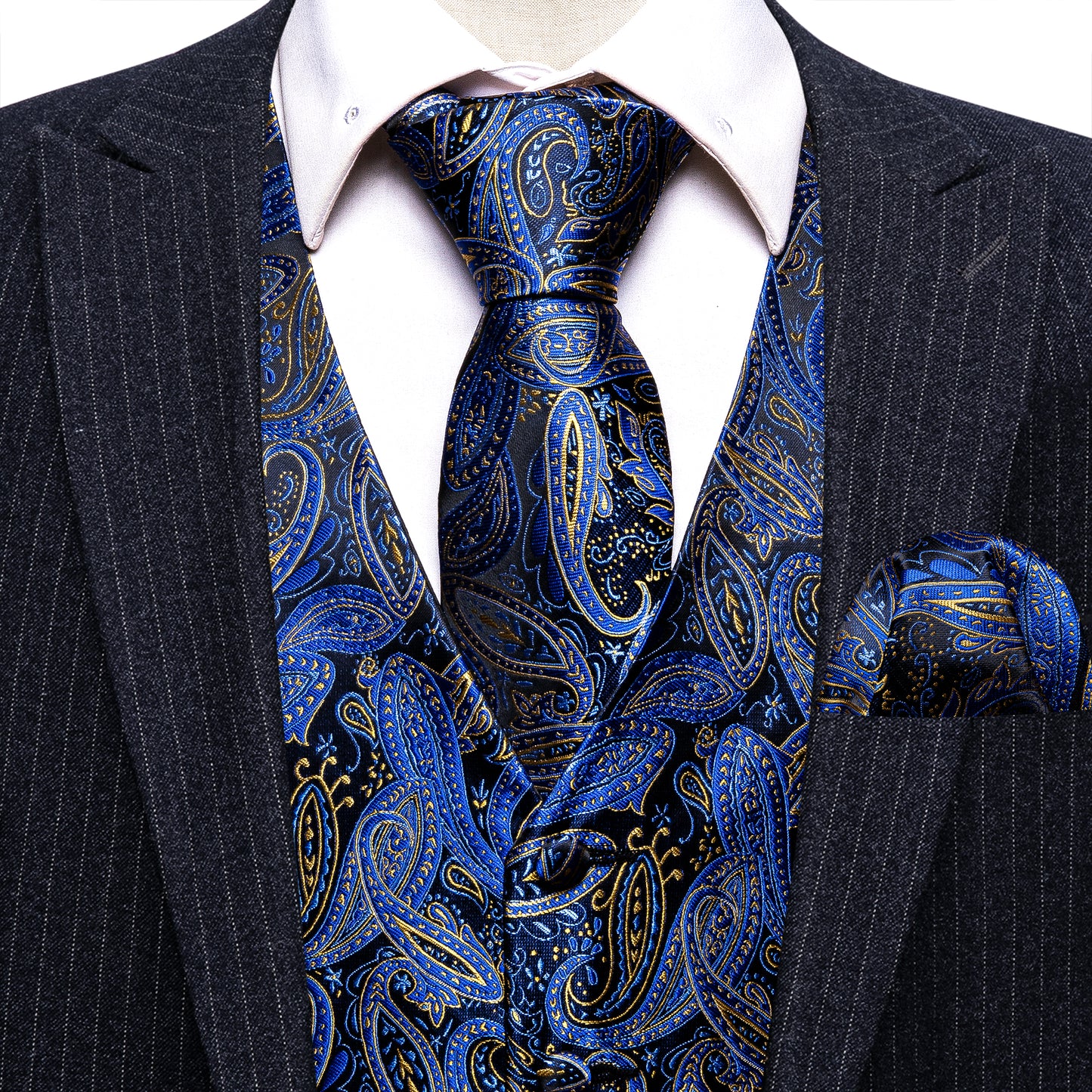 Designer Floral Waistcoat Silky Novelty Vest Paisley Royal Blue Whales
