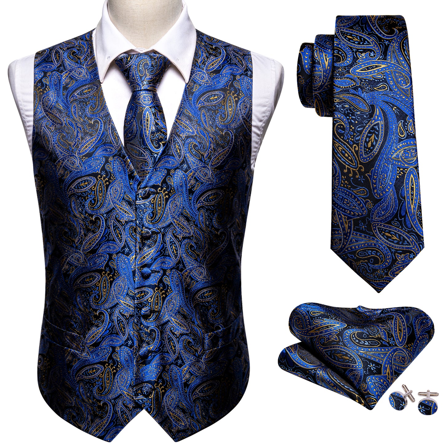 Designer Floral Waistcoat Silky Novelty Vest Paisley Royal Blue Whales