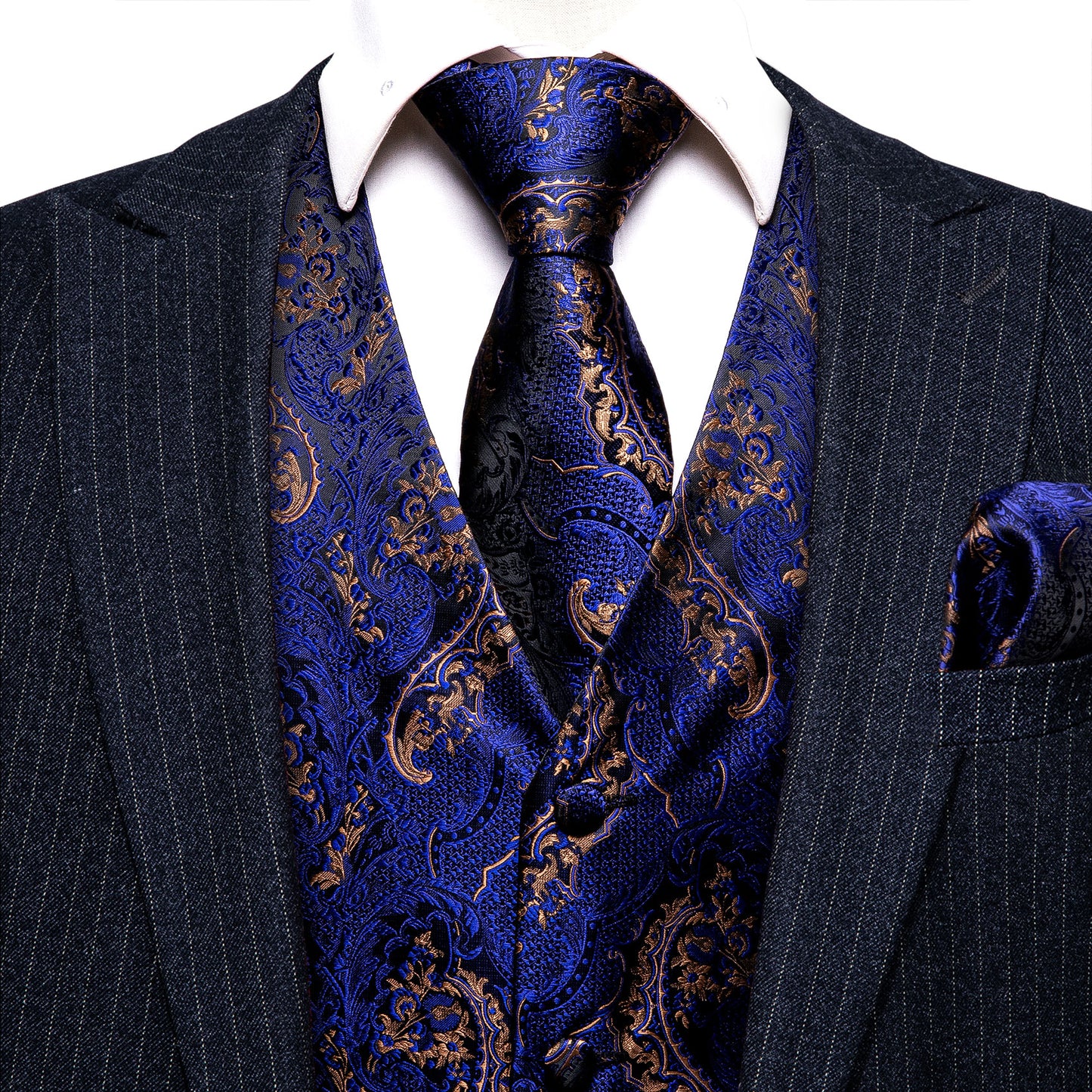 Designer Floral Waistcoat Silky Novelty Vest Paisley Serpent Blue