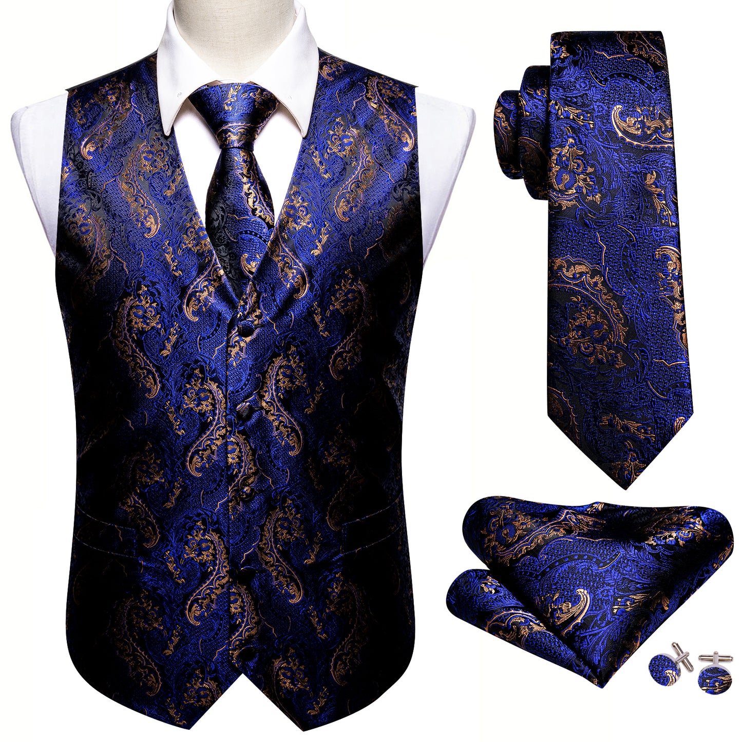 Designer Floral Waistcoat Silky Novelty Vest Paisley Serpent Blue