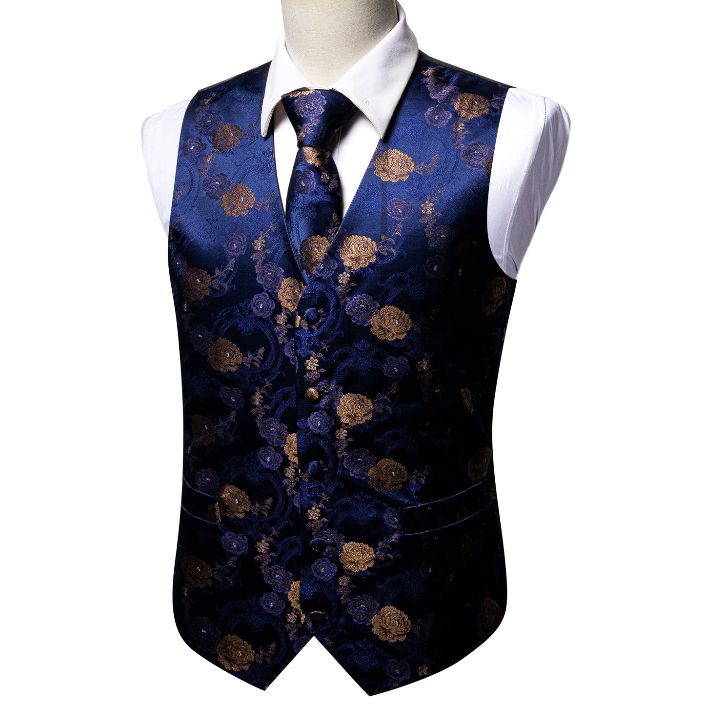 Designer Floral Waistcoat Silky Novelty Vest Paisley Garden Blue