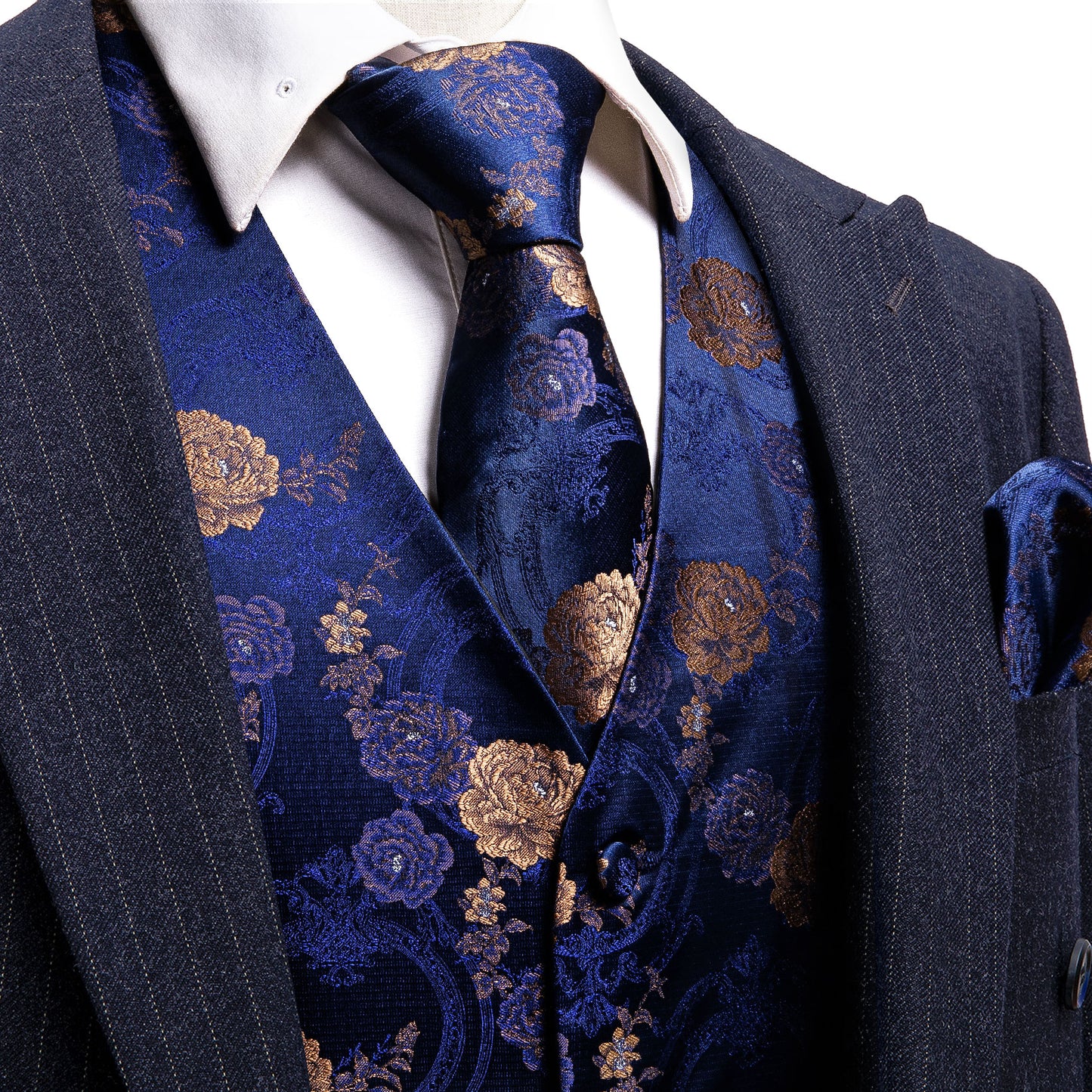 Designer Floral Waistcoat Silky Novelty Vest Paisley Garden Blue